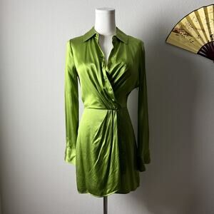 reformation alaine silk long sleeve shirt mini dress avocado green
